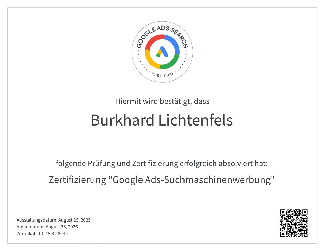 Zertifikat – Google Ads Search