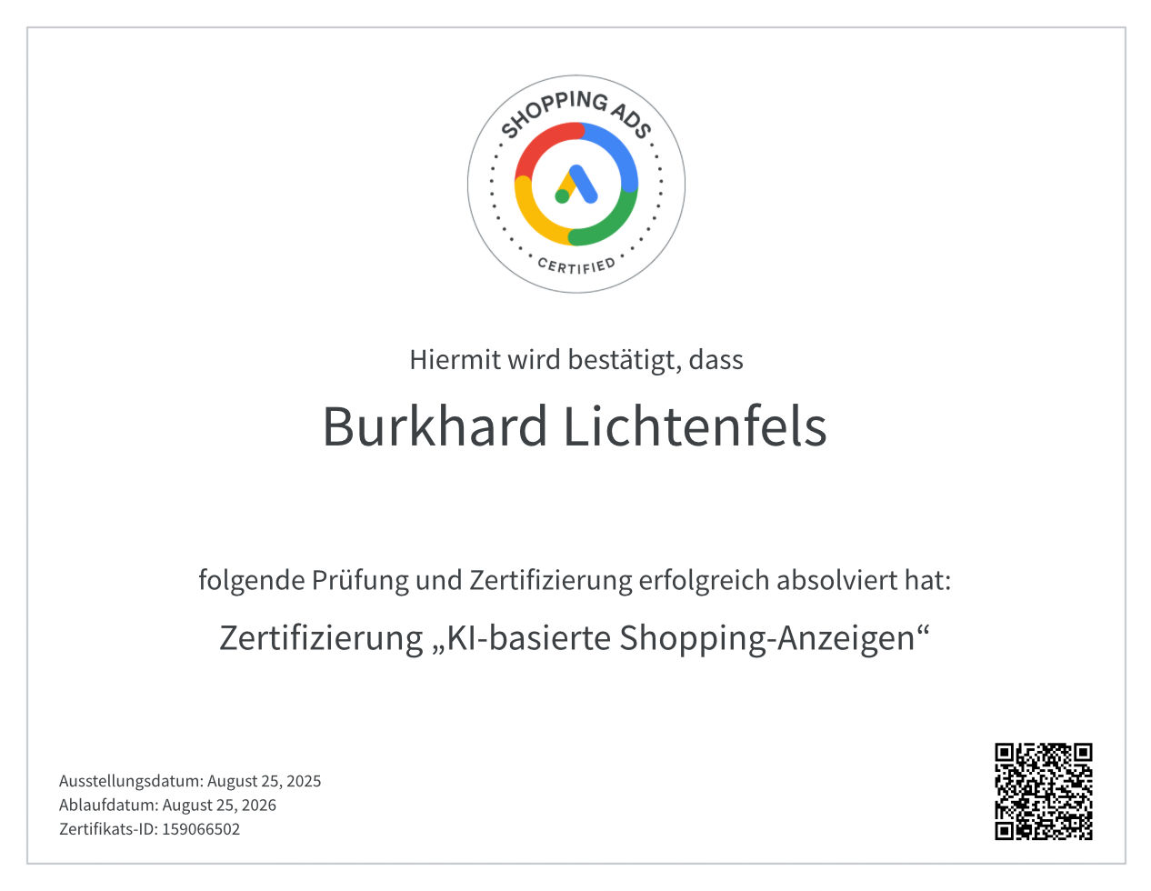Zertifikat – Google Ads Shopping